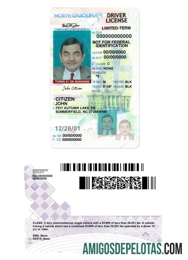 Carta de condução dos EUA na Carolina do Norte com menos de 21 anos exemplo